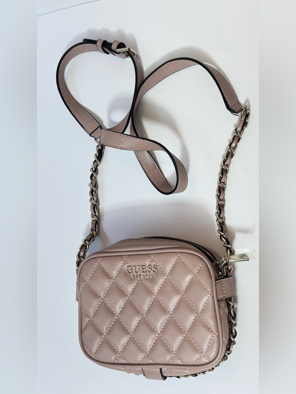 GUESS Quilted Blush Pink Crossbody with Gold Chain